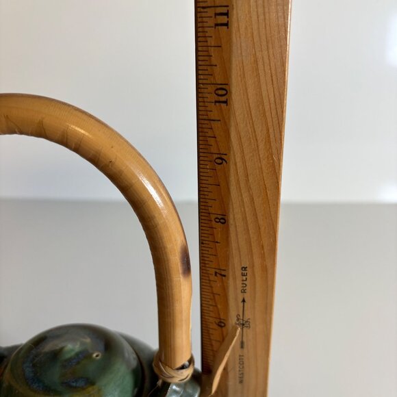 Handcrafted Green Pottery Teapot Rattan Handle Artisan-Made Signed - Picture 9 of 9